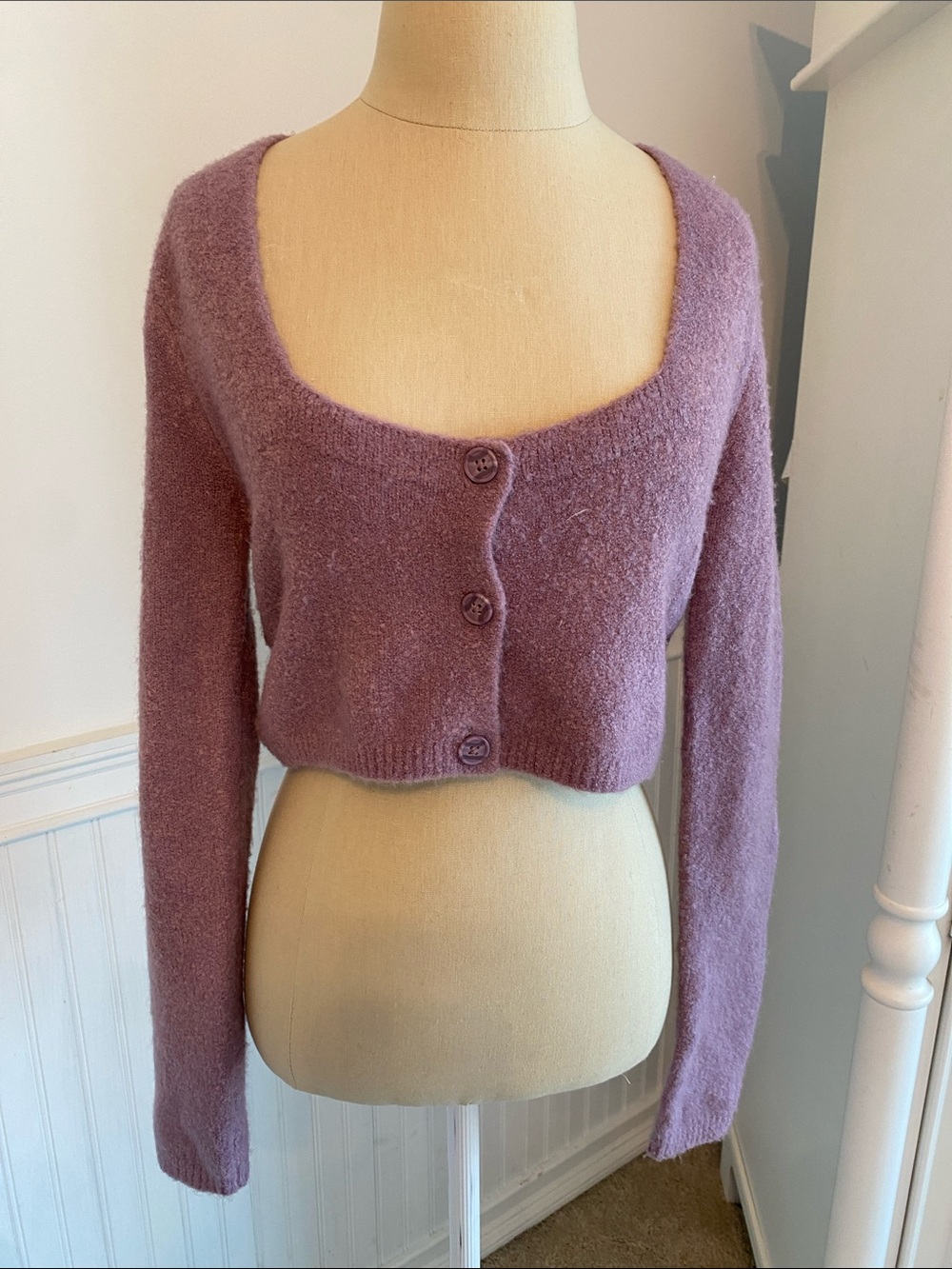 Zara Dusty Purple Cropped Scoop Neck Button Cardigan
